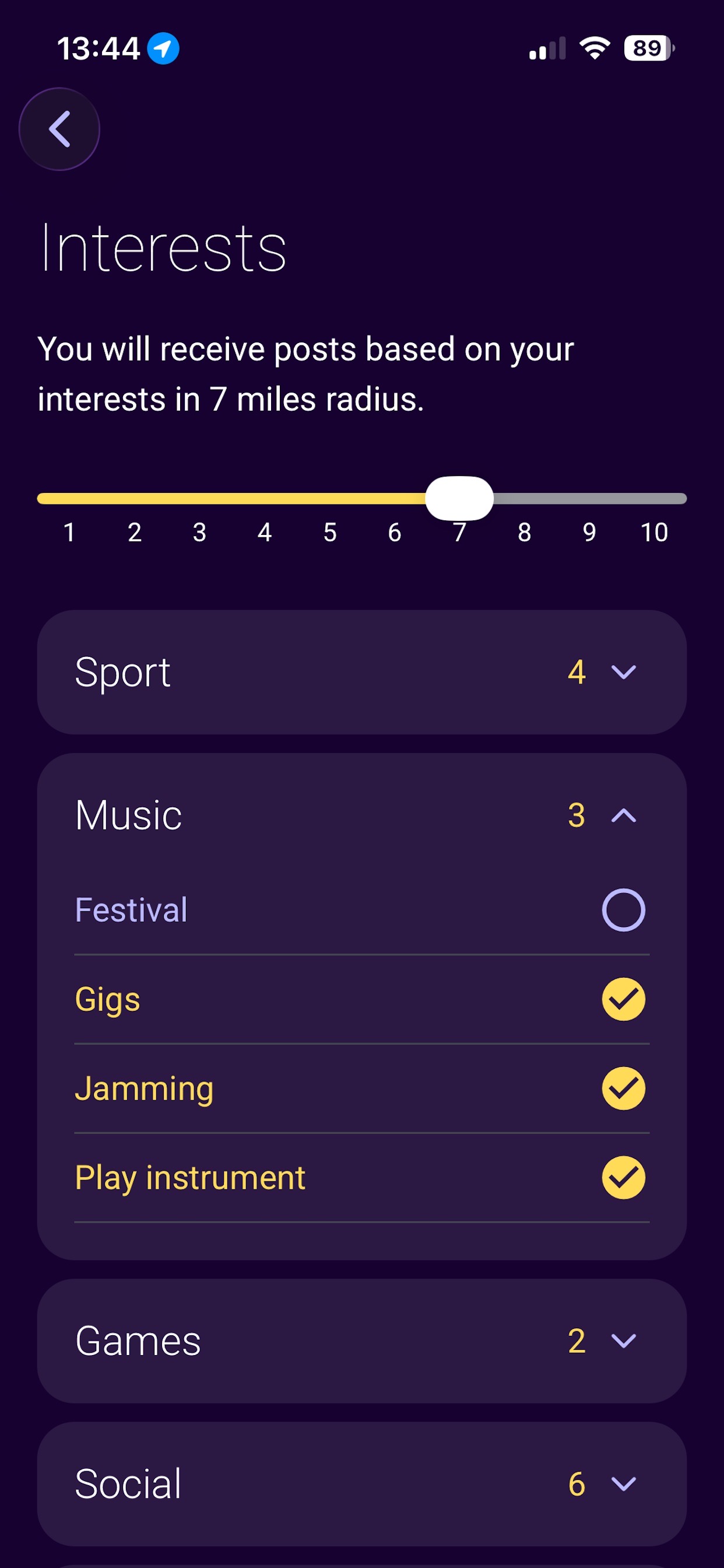 Settings screen