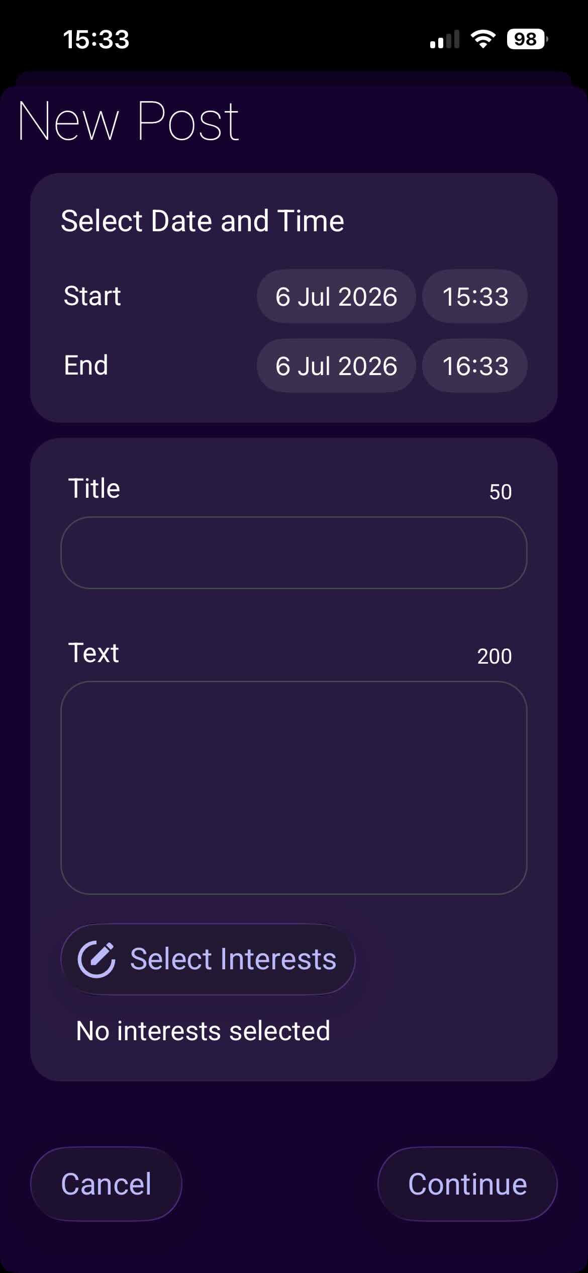 New Post screen