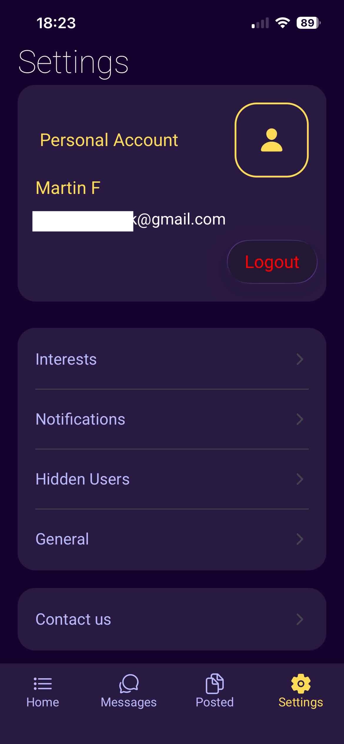 Settings screen